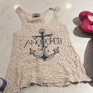Judith March Anchored Crochet Tank Top - Cream with Navy Graphic